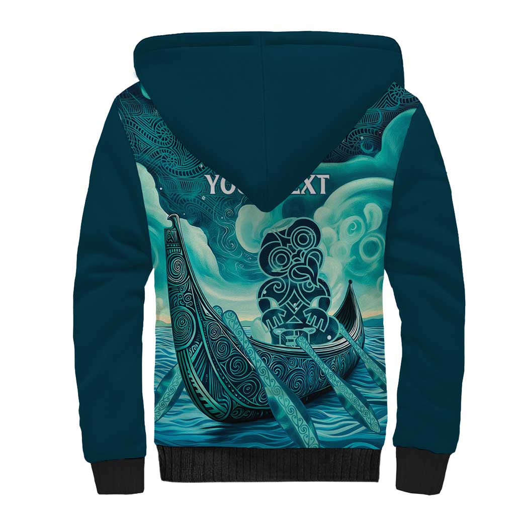 Personalised New Zealand Waitangi Day Sherpa Hoodie Hei Tiki With Maori Waka - Whakarare Pattern LT14 - Polynesian Pride