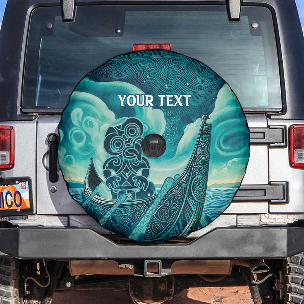 Personalised New Zealand Waitangi Day Spare Tire Cover Hei Tiki With Maori Waka - Whakarare Pattern LT14 Dark Cyan - Polynesian Pride