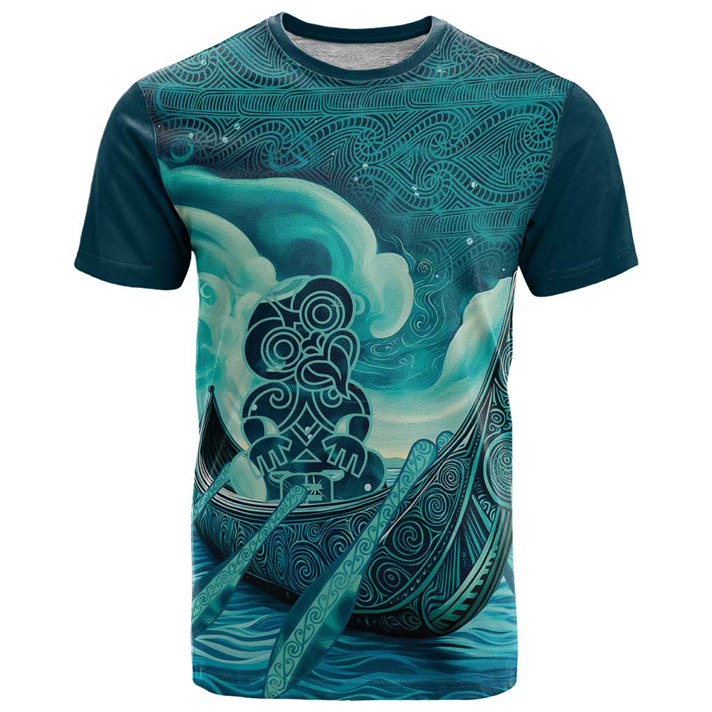 Personalised New Zealand Waitangi Day T Shirt Hei Tiki With Maori Waka - Whakarare Pattern LT14 Dark Cyan - Polynesian Pride