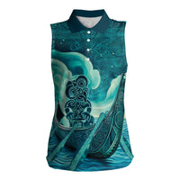 Personalised New Zealand Waitangi Day Women Sleeveless Polo Shirt Hei Tiki With Maori Waka - Whakarare Pattern LT14 Female Dark Cyan - Polynesian Pride