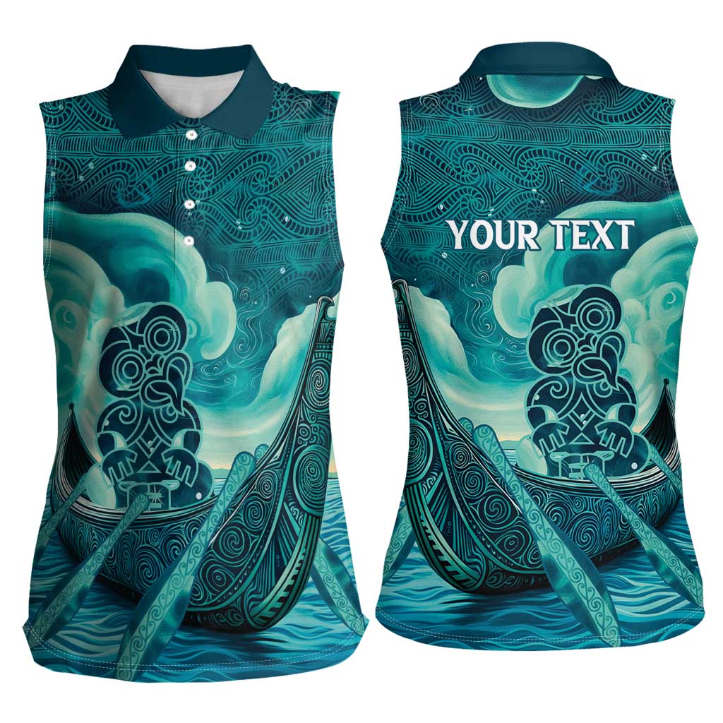 Personalised New Zealand Waitangi Day Women Sleeveless Polo Shirt Hei Tiki With Maori Waka - Whakarare Pattern LT14 - Polynesian Pride