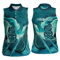 Personalised New Zealand Waitangi Day Women Sleeveless Polo Shirt Hei Tiki With Maori Waka - Whakarare Pattern LT14 - Polynesian Pride