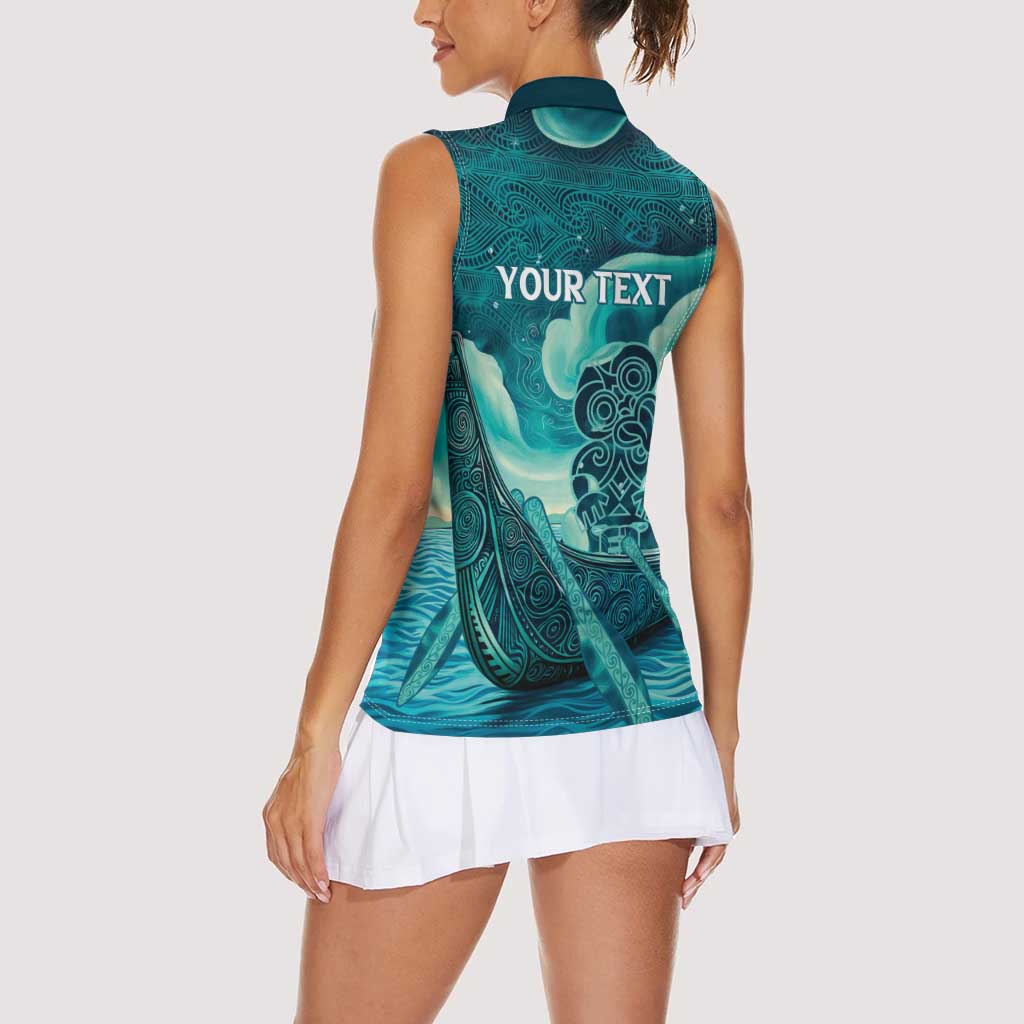Personalised New Zealand Waitangi Day Women Sleeveless Polo Shirt Hei Tiki With Maori Waka - Whakarare Pattern LT14 - Polynesian Pride