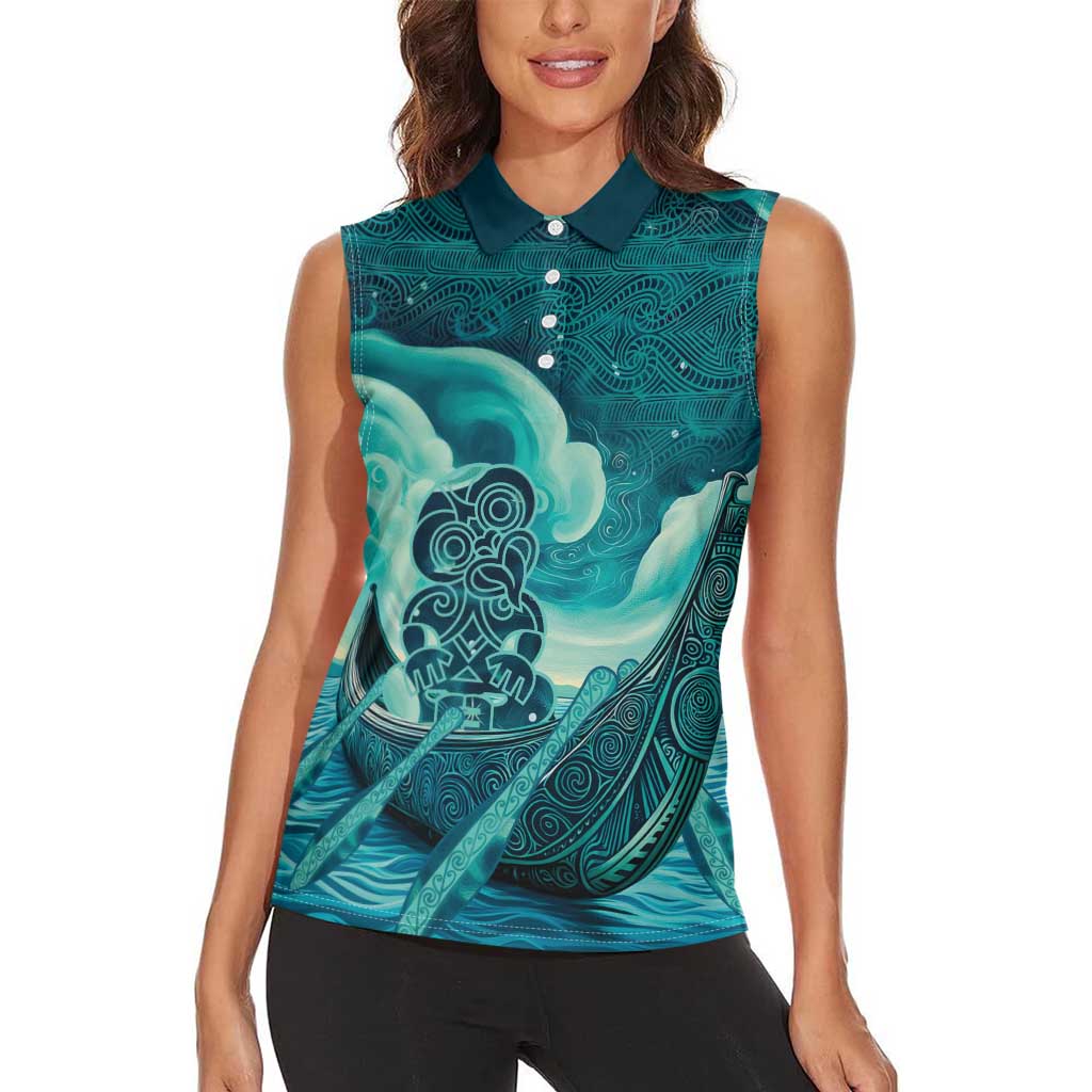 Personalised New Zealand Waitangi Day Women Sleeveless Polo Shirt Hei Tiki With Maori Waka - Whakarare Pattern LT14 - Polynesian Pride