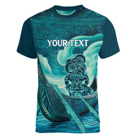 Personalised New Zealand Waitangi Day Women V-Neck T-Shirt Hei Tiki With Maori Waka - Whakarare Pattern LT14 - Polynesian Pride
