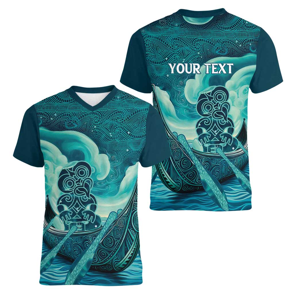 Personalised New Zealand Waitangi Day Women V-Neck T-Shirt Hei Tiki With Maori Waka - Whakarare Pattern LT14 - Polynesian Pride