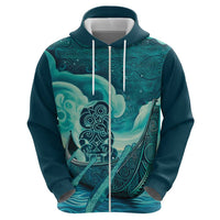 Personalised New Zealand Waitangi Day Zip Hoodie Hei Tiki With Maori Waka - Whakarare Pattern LT14 - Polynesian Pride