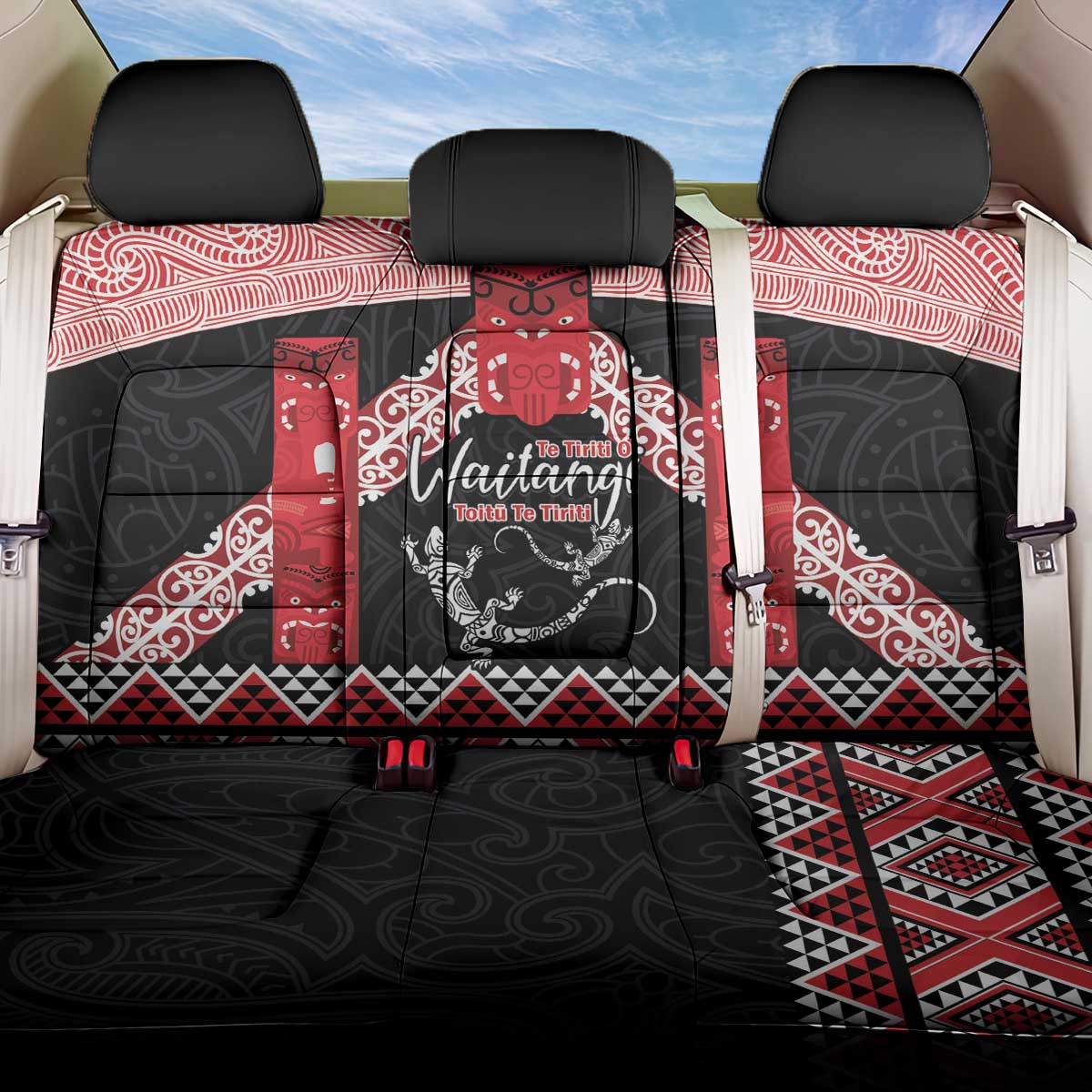 Toitu Te Tiriti O Waitangi Back Car Seat Cover Maori Wharenui With Taniko Motifs LT14 One Size Red - Polynesian Pride