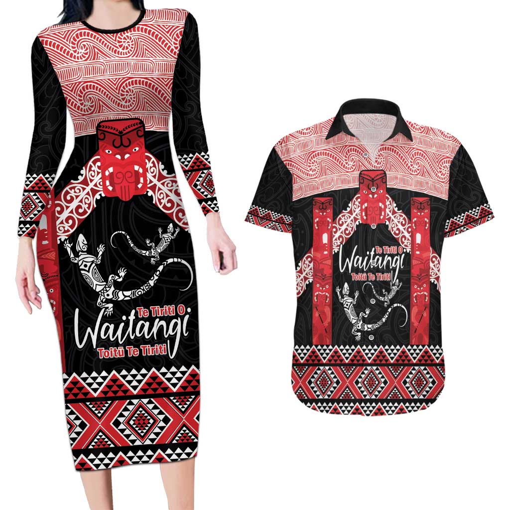 Toitu Te Tiriti O Waitangi Couples Matching Long Sleeve Bodycon Dress and Hawaiian Shirt Maori Wharenui With Taniko Motifs LT14 Red - Polynesian Pride