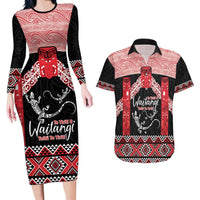 Toitu Te Tiriti O Waitangi Couples Matching Long Sleeve Bodycon Dress and Hawaiian Shirt Maori Wharenui With Taniko Motifs LT14 Red - Polynesian Pride