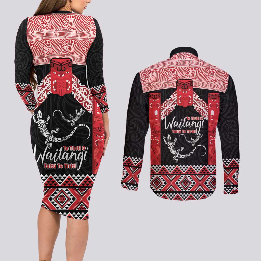 Toitu Te Tiriti O Waitangi Couples Matching Long Sleeve Bodycon Dress and Long Sleeve Button Shirt Maori Wharenui With Taniko Motifs LT14 - Polynesian Pride