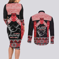 Toitu Te Tiriti O Waitangi Couples Matching Long Sleeve Bodycon Dress and Long Sleeve Button Shirt Maori Wharenui With Taniko Motifs LT14 - Polynesian Pride