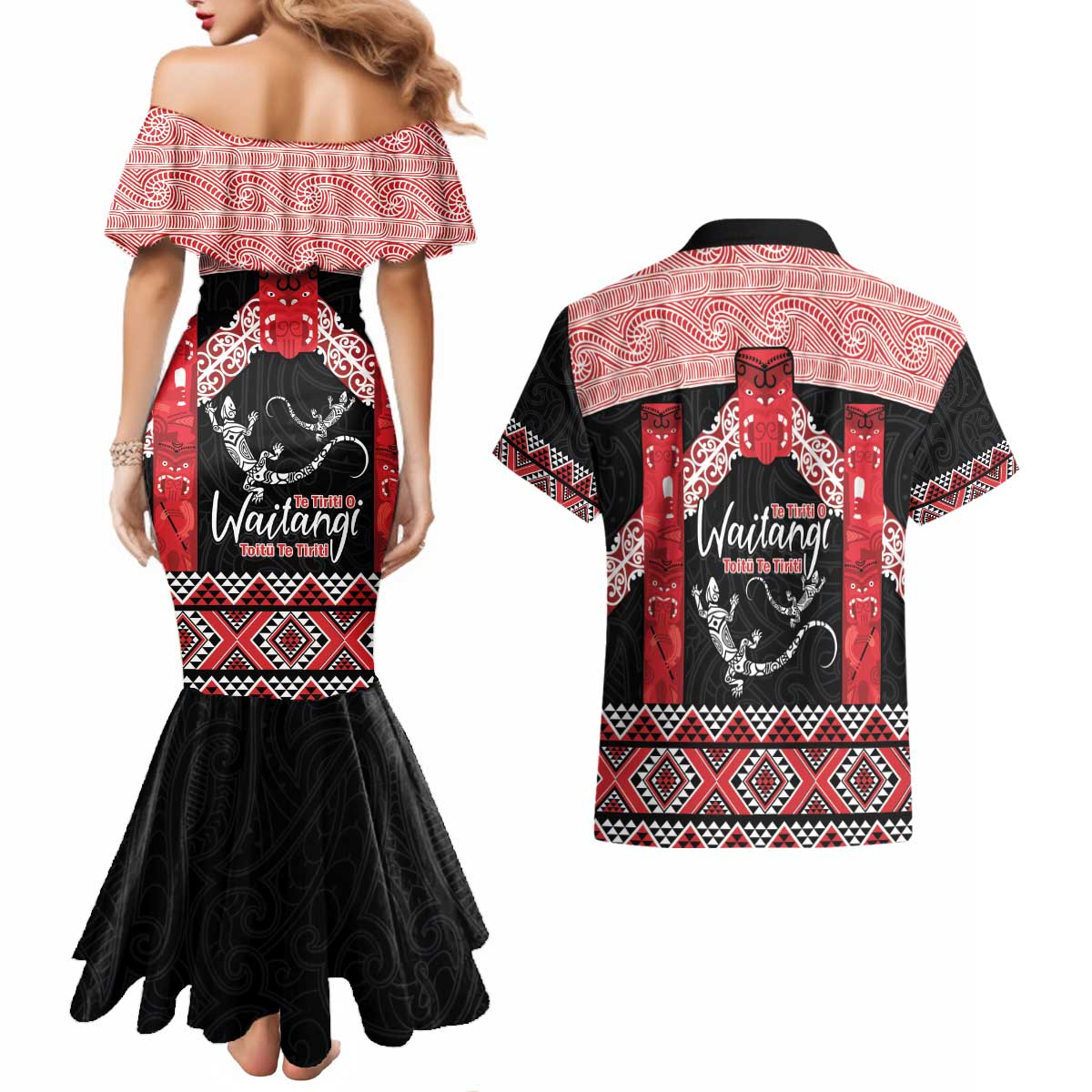 Toitu Te Tiriti O Waitangi Couples Matching Mermaid Dress and Hawaiian Shirt Maori Wharenui With Taniko Motifs LT14 - Polynesian Pride