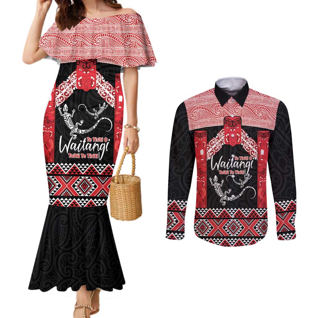 Toitu Te Tiriti O Waitangi Couples Matching Mermaid Dress and Long Sleeve Button Shirt Maori Wharenui With Taniko Motifs LT14 Red - Polynesian Pride