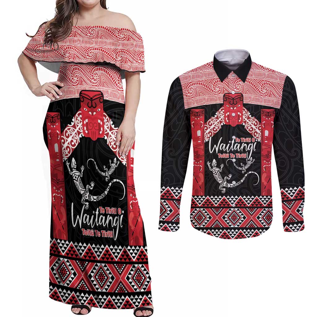 Toitu Te Tiriti O Waitangi Couples Matching Off Shoulder Maxi Dress and Long Sleeve Button Shirt Maori Wharenui With Taniko Motifs LT14 Red - Polynesian Pride