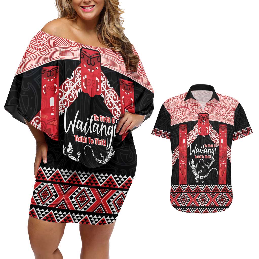 Toitu Te Tiriti O Waitangi Couples Matching Off Shoulder Short Dress and Hawaiian Shirt Maori Wharenui With Taniko Motifs LT14 Red - Polynesian Pride
