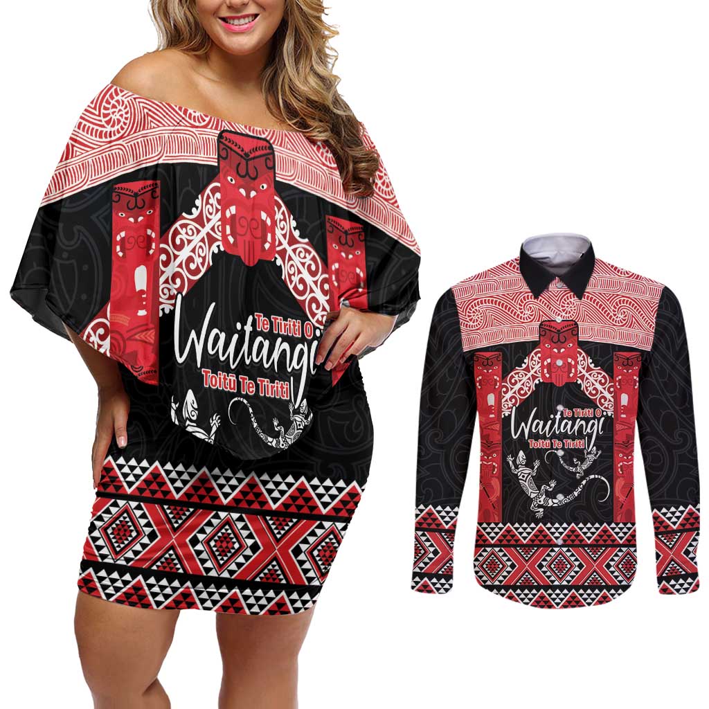 Toitu Te Tiriti O Waitangi Couples Matching Off Shoulder Short Dress and Long Sleeve Button Shirt Maori Wharenui With Taniko Motifs LT14 Red - Polynesian Pride