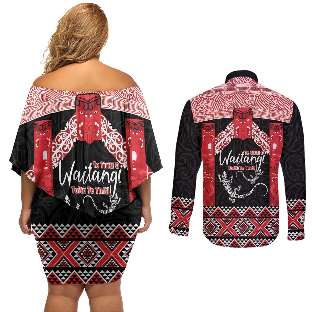 Toitu Te Tiriti O Waitangi Couples Matching Off Shoulder Short Dress and Long Sleeve Button Shirt Maori Wharenui With Taniko Motifs LT14 - Polynesian Pride