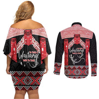 Toitu Te Tiriti O Waitangi Couples Matching Off Shoulder Short Dress and Long Sleeve Button Shirt Maori Wharenui With Taniko Motifs LT14 - Polynesian Pride
