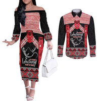Toitu Te Tiriti O Waitangi Couples Matching Off The Shoulder Long Sleeve Dress and Long Sleeve Button Shirt Maori Wharenui With Taniko Motifs LT14 Red - Polynesian Pride