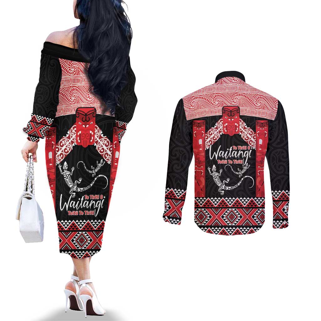 Toitu Te Tiriti O Waitangi Couples Matching Off The Shoulder Long Sleeve Dress and Long Sleeve Button Shirt Maori Wharenui With Taniko Motifs LT14 - Polynesian Pride
