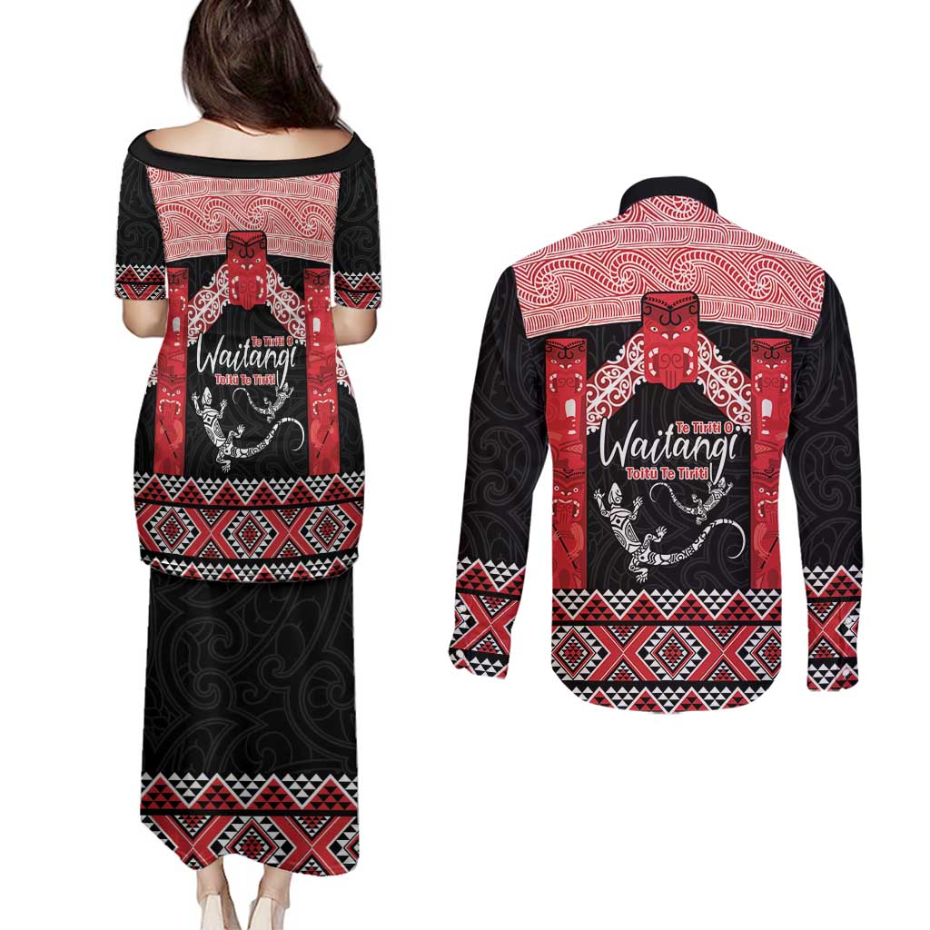 Toitu Te Tiriti O Waitangi Couples Matching Puletasi and Long Sleeve Button Shirt Maori Wharenui With Taniko Motifs LT14 - Polynesian Pride
