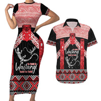Toitu Te Tiriti O Waitangi Couples Matching Short Sleeve Bodycon Dress and Hawaiian Shirt Maori Wharenui With Taniko Motifs LT14 Red - Polynesian Pride