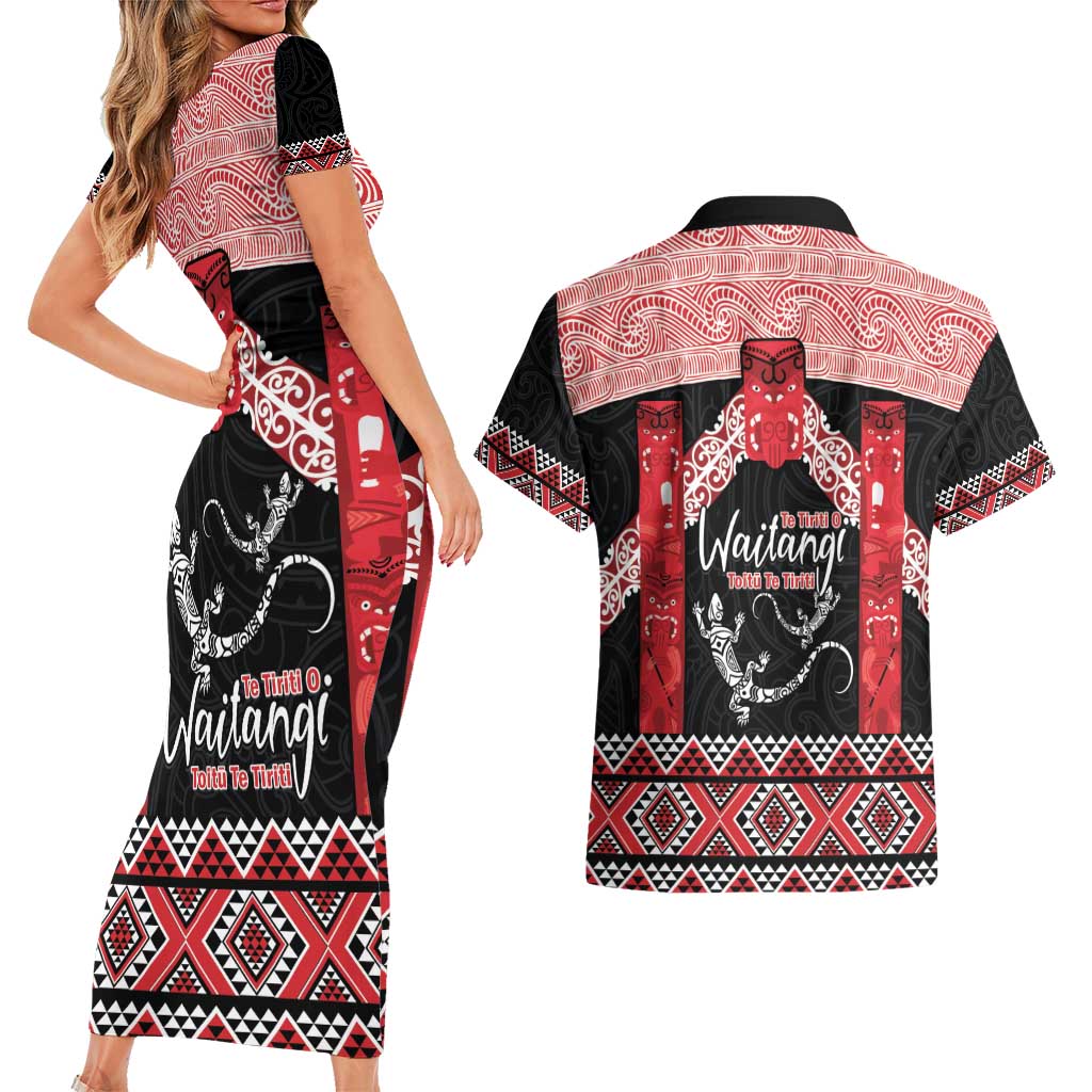 Toitu Te Tiriti O Waitangi Couples Matching Short Sleeve Bodycon Dress and Hawaiian Shirt Maori Wharenui With Taniko Motifs LT14 - Polynesian Pride
