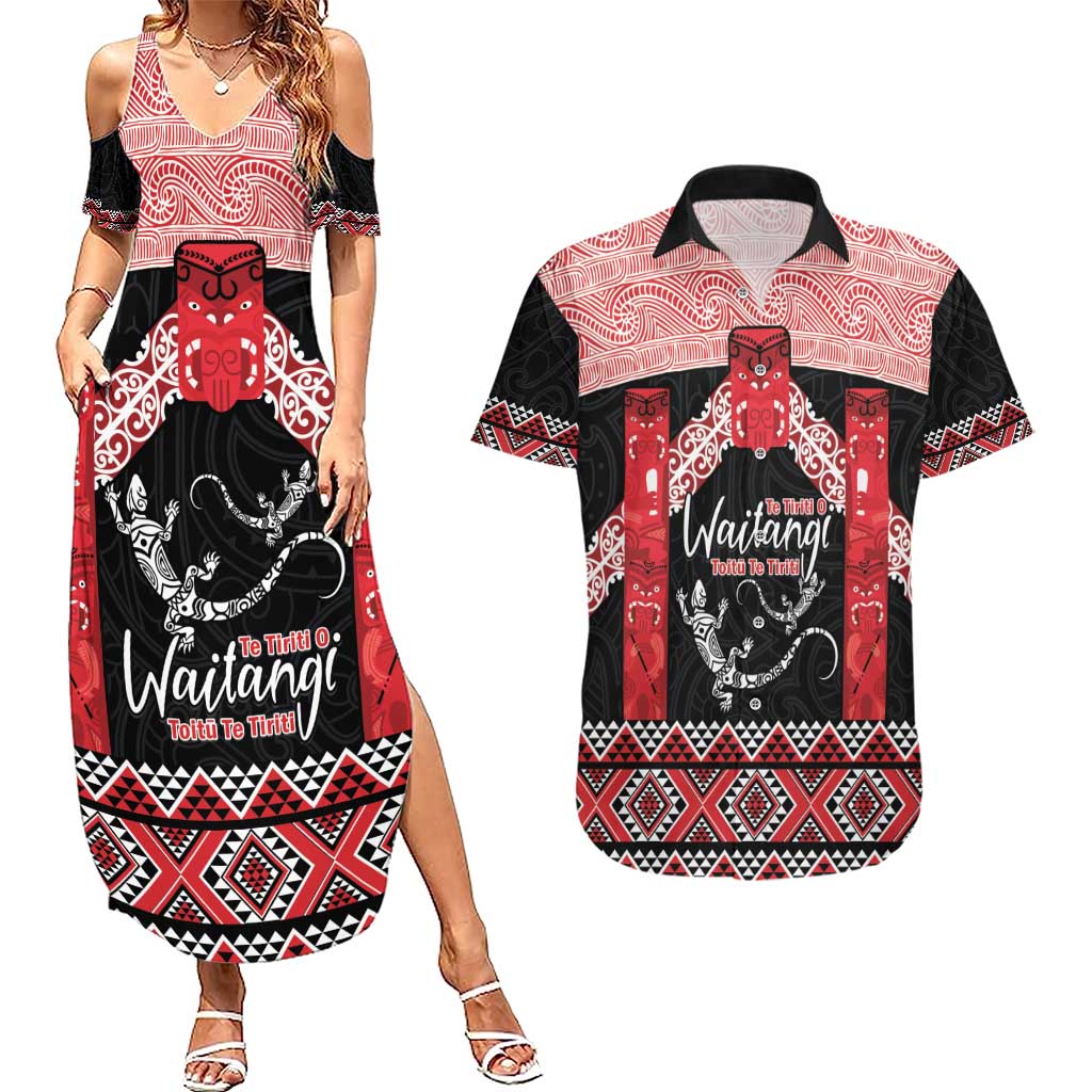 Toitu Te Tiriti O Waitangi Couples Matching Summer Maxi Dress and Hawaiian Shirt Maori Wharenui With Taniko Motifs LT14 Red - Polynesian Pride