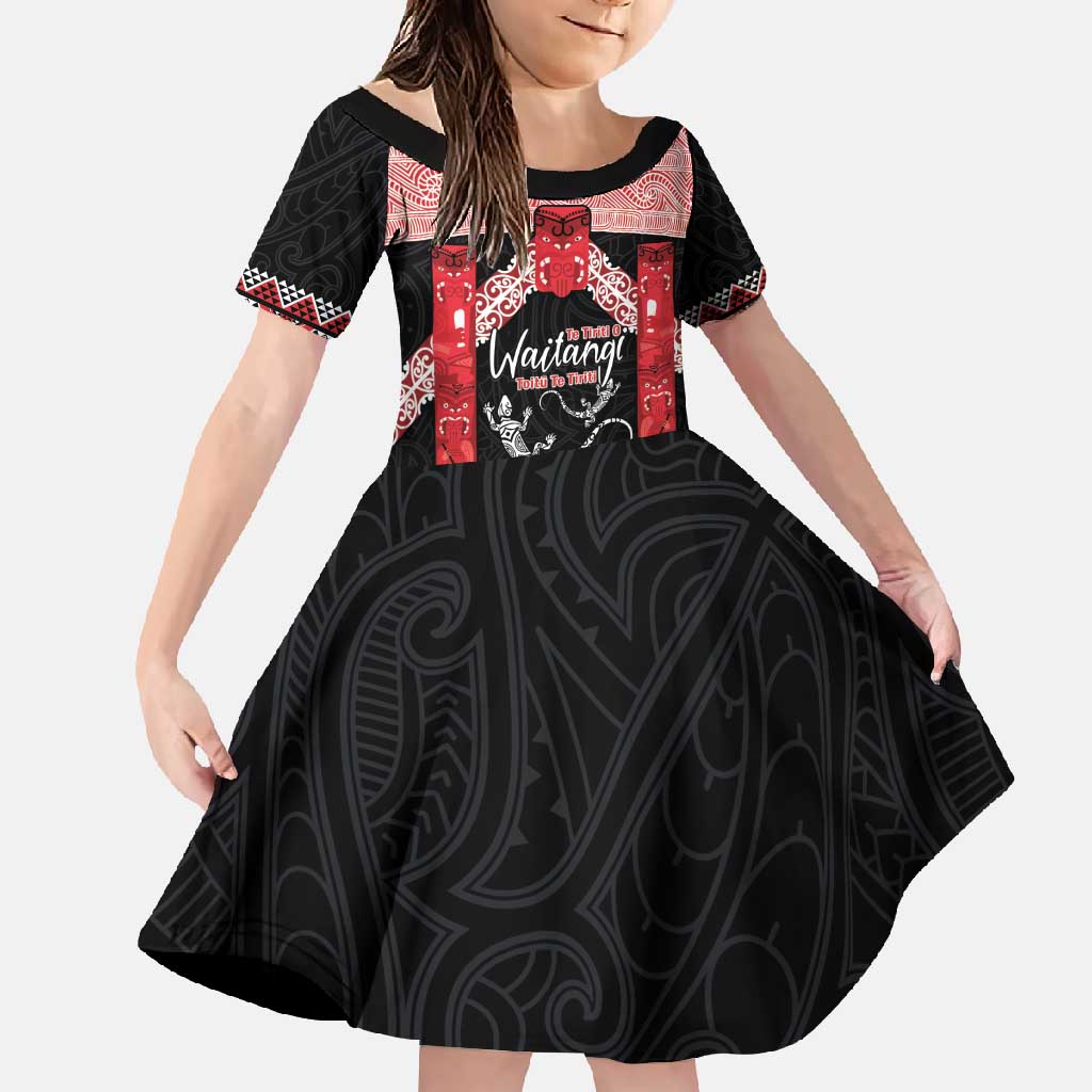 Toitu Te Tiriti O Waitangi Family Matching Mermaid Dress and Hawaiian Shirt Maori Wharenui With Taniko Motifs LT14 Daughter's Dress Red - Polynesian Pride