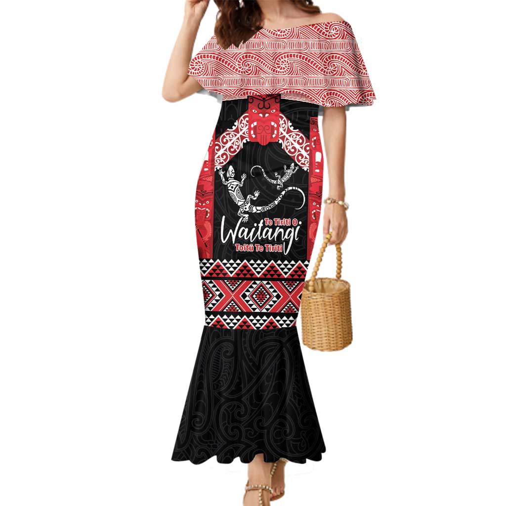 Toitu Te Tiriti O Waitangi Family Matching Mermaid Dress and Hawaiian Shirt Maori Wharenui With Taniko Motifs LT14 Mom's Dress Red - Polynesian Pride