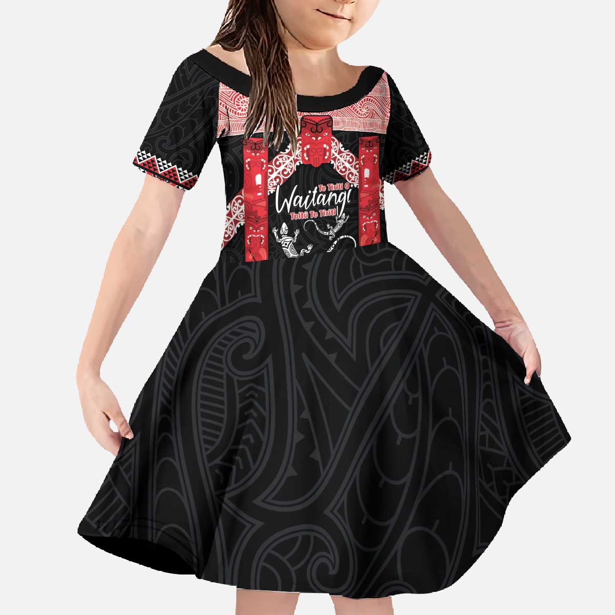 Toitu Te Tiriti O Waitangi Family Matching Off The Shoulder Long Sleeve Dress and Hawaiian Shirt Maori Wharenui With Taniko Motifs LT14 Daughter's Dress Red - Polynesian Pride