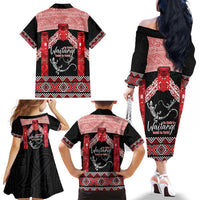 Toitu Te Tiriti O Waitangi Family Matching Off The Shoulder Long Sleeve Dress and Hawaiian Shirt Maori Wharenui With Taniko Motifs LT14 - Polynesian Pride