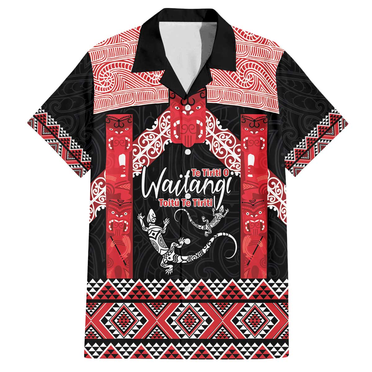 Toitu Te Tiriti O Waitangi Family Matching Off The Shoulder Long Sleeve Dress and Hawaiian Shirt Maori Wharenui With Taniko Motifs LT14 Dad's Shirt - Short Sleeve Red - Polynesian Pride