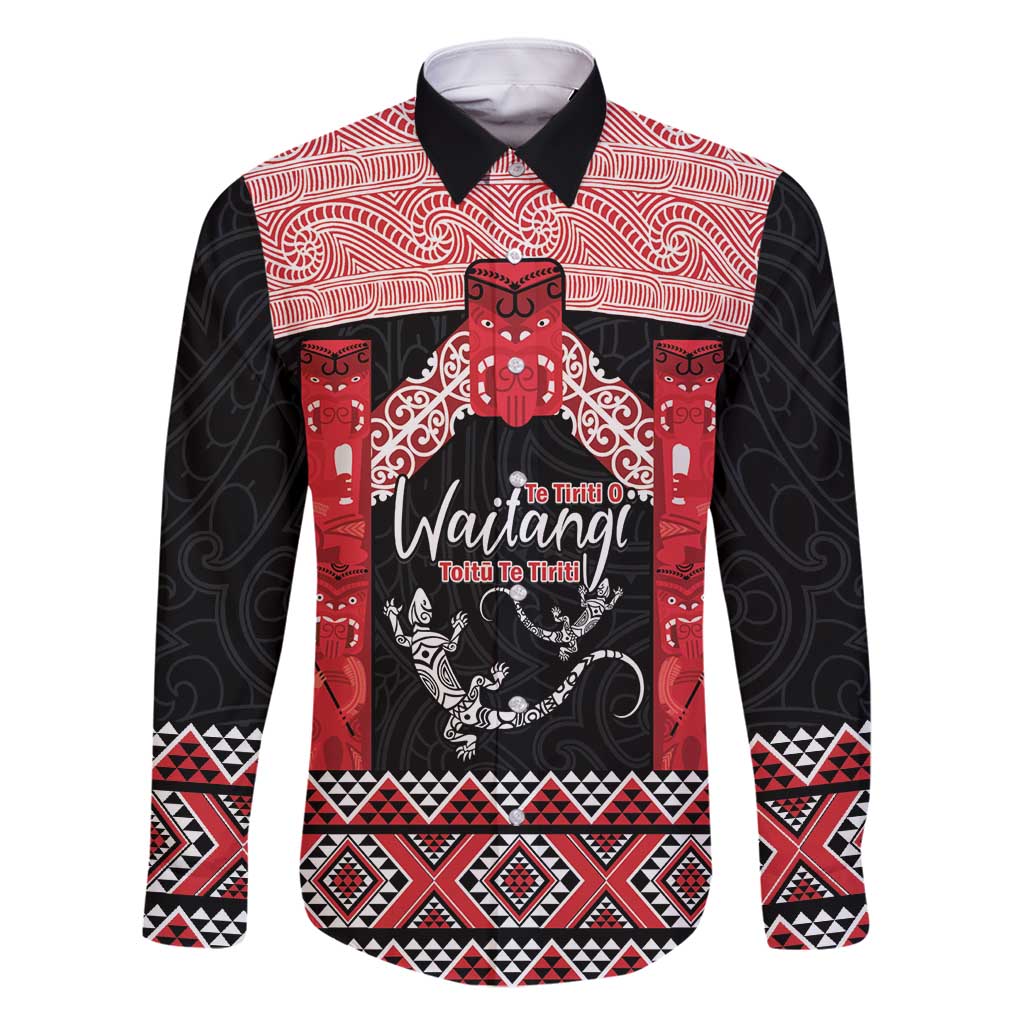 Toitu Te Tiriti O Waitangi Family Matching Off Shoulder Short Dress and Hawaiian Shirt Maori Wharenui With Taniko Motifs LT14 Dad's Shirt - Long Sleeve Red - Polynesian Pride