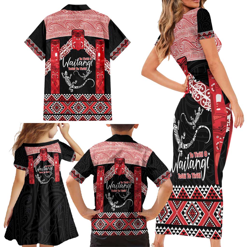 Toitu Te Tiriti O Waitangi Family Matching Short Sleeve Bodycon Dress and Hawaiian Shirt Maori Wharenui With Taniko Motifs LT14 - Polynesian Pride