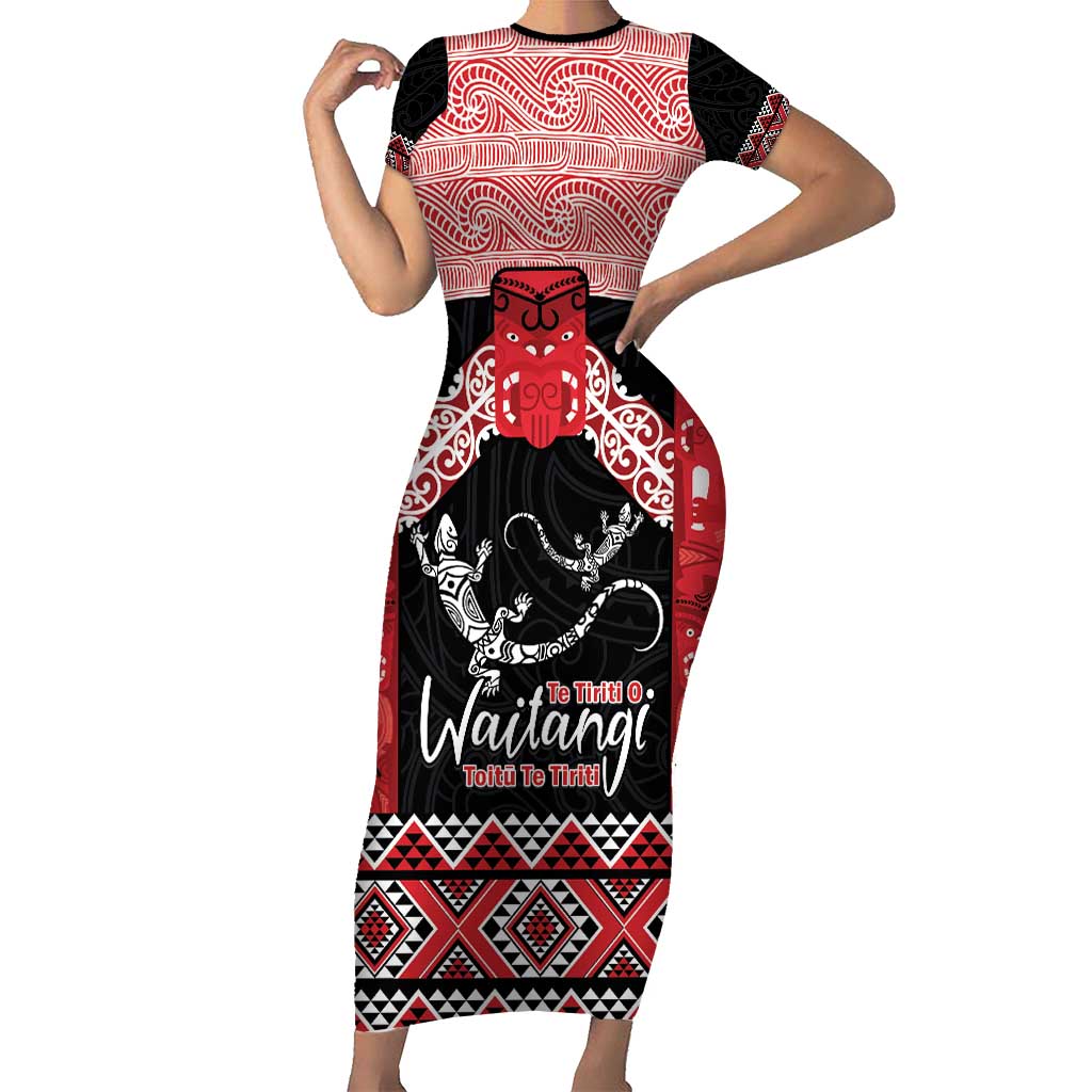 Toitu Te Tiriti O Waitangi Family Matching Short Sleeve Bodycon Dress and Hawaiian Shirt Maori Wharenui With Taniko Motifs LT14 Mom's Dress Red - Polynesian Pride
