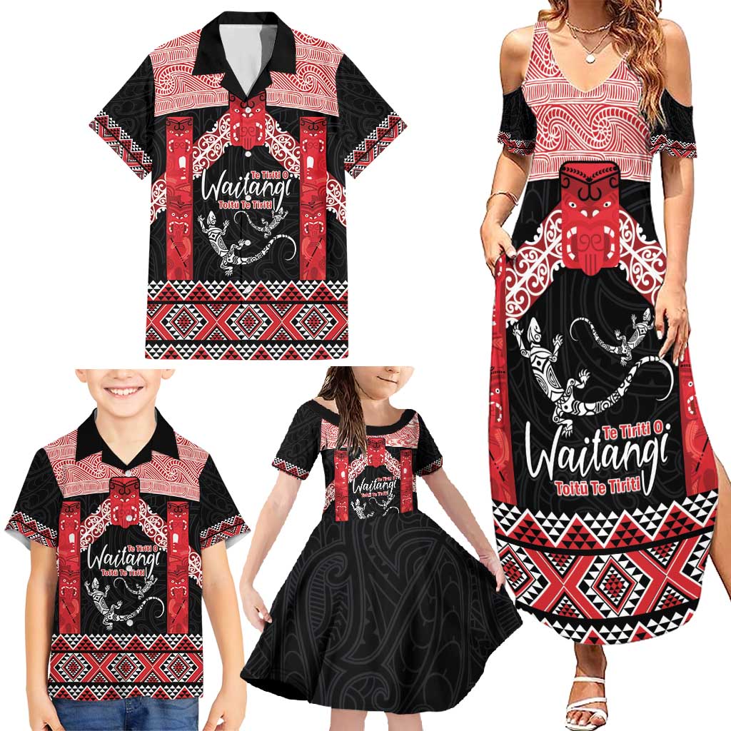 Toitu Te Tiriti O Waitangi Family Matching Summer Maxi Dress and Hawaiian Shirt Maori Wharenui With Taniko Motifs LT14 - Polynesian Pride