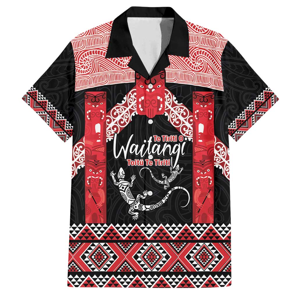 Toitu Te Tiriti O Waitangi Family Matching Summer Maxi Dress and Hawaiian Shirt Maori Wharenui With Taniko Motifs LT14 Dad's Shirt - Short Sleeve Red - Polynesian Pride