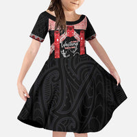 Toitu Te Tiriti O Waitangi Family Matching Tank Maxi Dress and Hawaiian Shirt Maori Wharenui With Taniko Motifs LT14 Daughter's Dress Red - Polynesian Pride