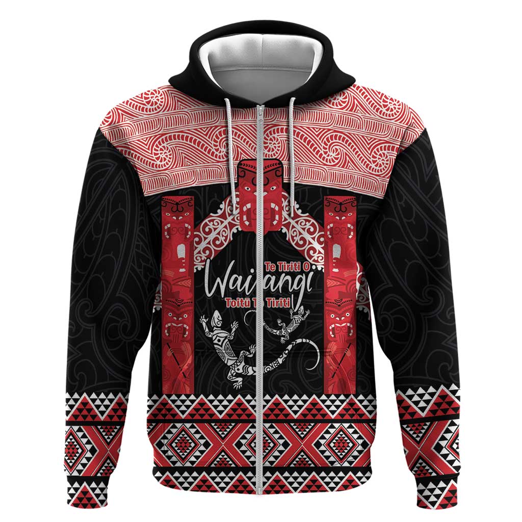 Toitu Te Tiriti O Waitangi Hoodie Maori Wharenui With Taniko Motifs LT14 Zip Hoodie Red - Polynesian Pride
