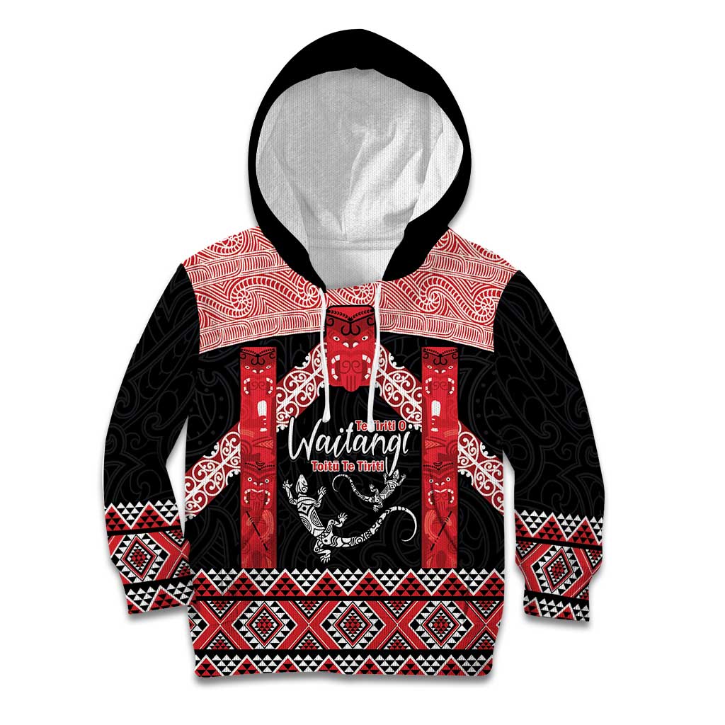 Toitu Te Tiriti O Waitangi Kid Hoodie Maori Wharenui With Taniko Motifs LT14 Hoodie Red - Polynesian Pride