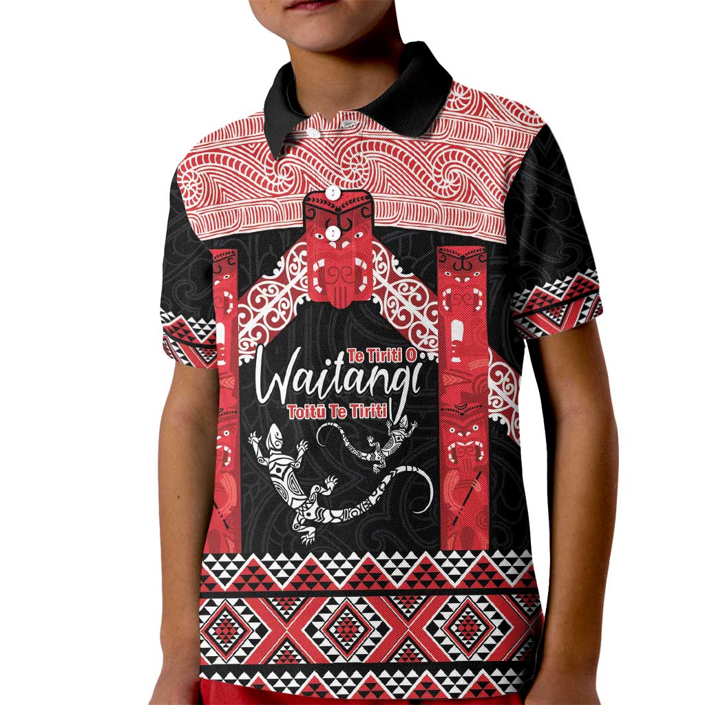 Toitu Te Tiriti O Waitangi Kid Polo Shirt Maori Wharenui With Taniko Motifs LT14 Kid Red - Polynesian Pride