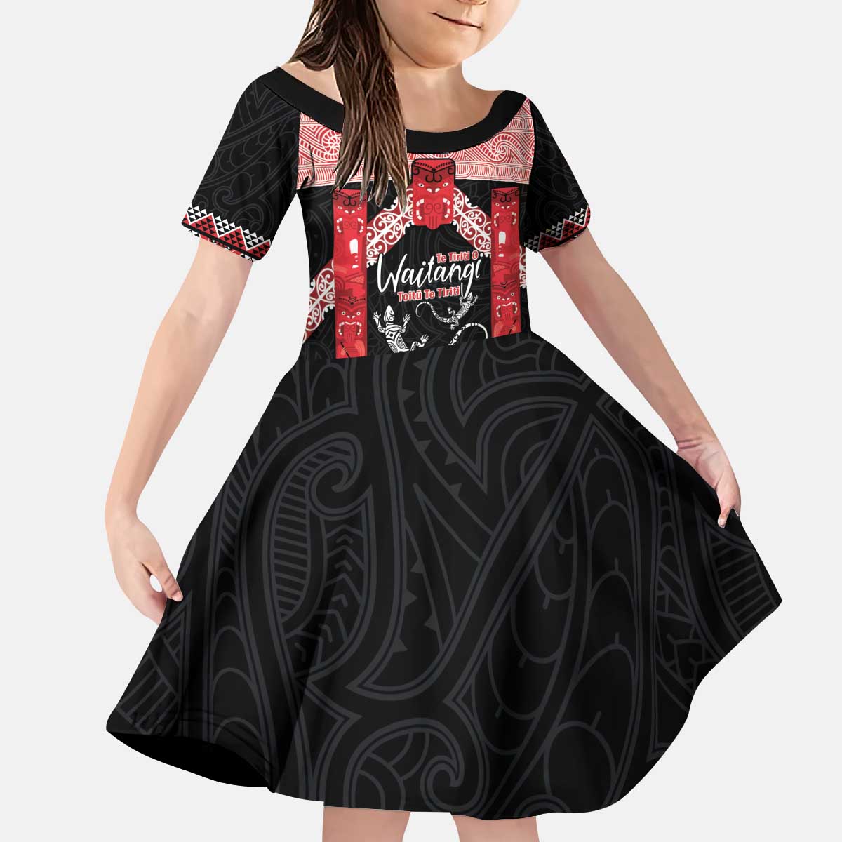 Toitu Te Tiriti O Waitangi Kid Short Sleeve Dress Maori Wharenui With Taniko Motifs LT14 KID Red - Polynesian Pride
