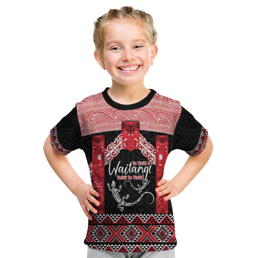 Toitu Te Tiriti O Waitangi Kid T Shirt Maori Wharenui With Taniko Motifs LT14 Red - Polynesian Pride