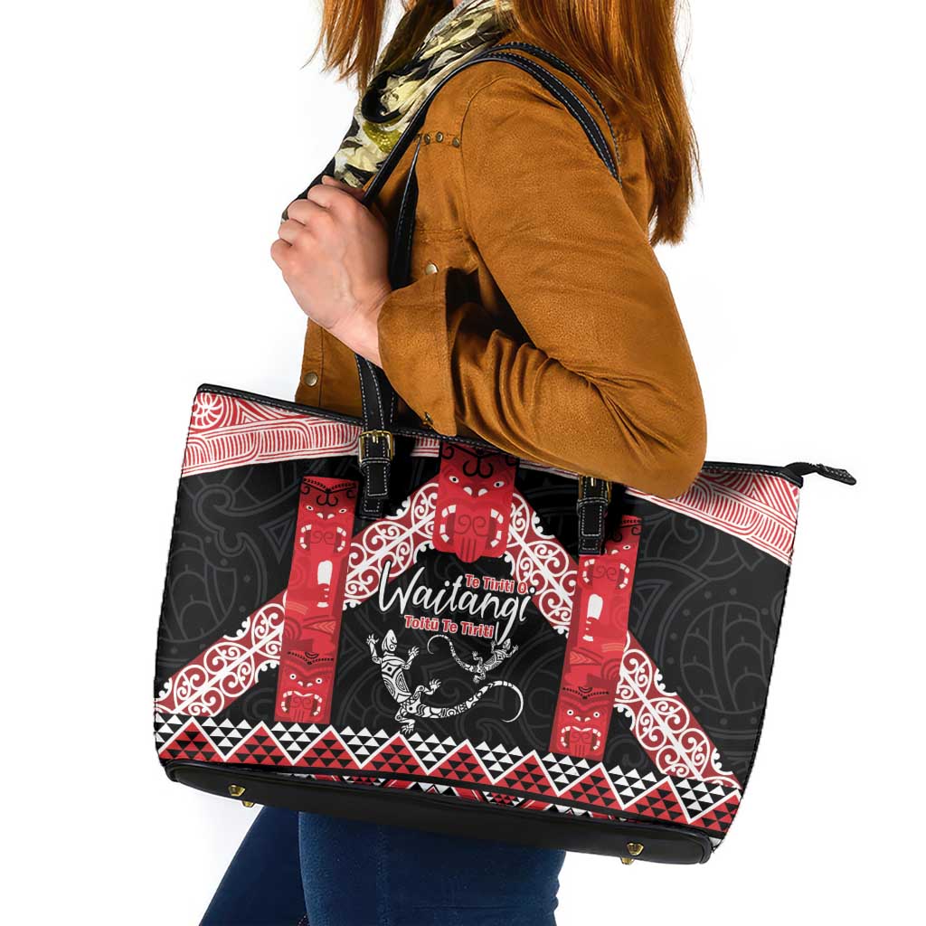Toitu Te Tiriti O Waitangi Leather Tote Bag Maori Wharenui With Taniko Motifs LT14 Red - Polynesian Pride