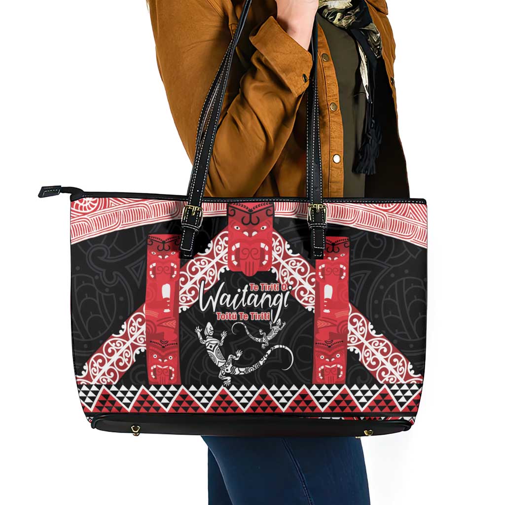 Toitu Te Tiriti O Waitangi Leather Tote Bag Maori Wharenui With Taniko Motifs LT14 - Polynesian Pride