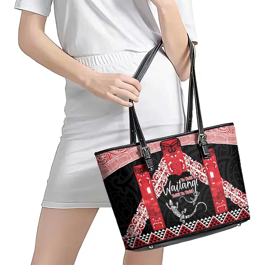 Toitu Te Tiriti O Waitangi Leather Tote Bag Maori Wharenui With Taniko Motifs LT14 - Polynesian Pride