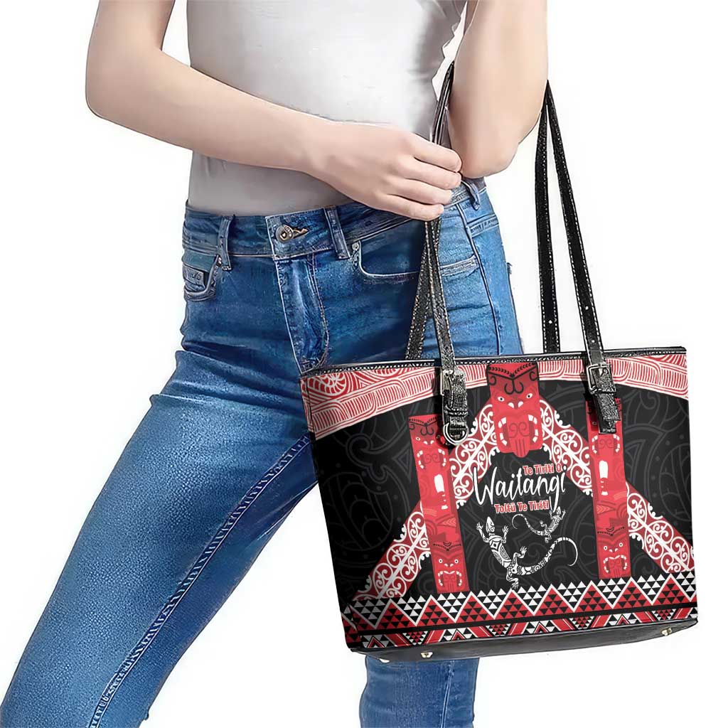 Toitu Te Tiriti O Waitangi Leather Tote Bag Maori Wharenui With Taniko Motifs LT14 - Polynesian Pride