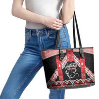 Toitu Te Tiriti O Waitangi Leather Tote Bag Maori Wharenui With Taniko Motifs LT14 - Polynesian Pride